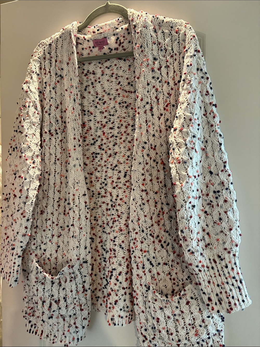 miami White Open-Front Speckled Cardigan with Red and Navy Flecks